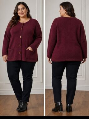 Russ Burgundy Womens Cardigan with Wooden Buttons Size 2x 100% Wool Grandmacore